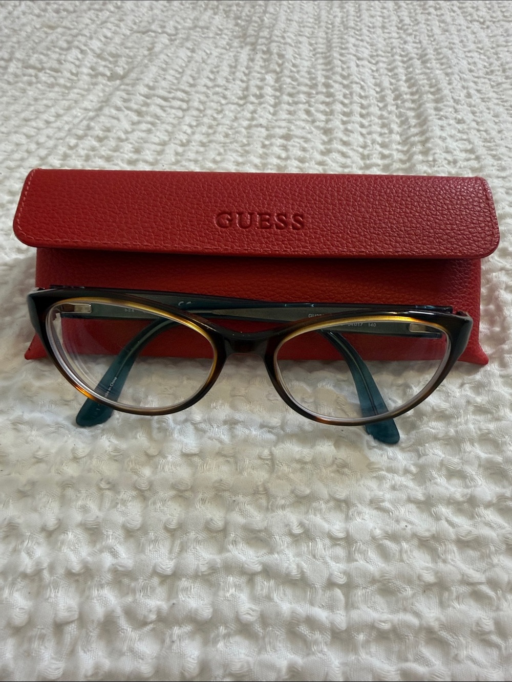 Vintage GUESS Tortoiseshell Frame with Teal Temples and Red Case